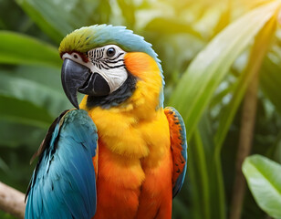 Fototapeta premium Colorful Parrot Sitting Alone on Tree Branch in Tropical Forest. Beautiful Macaw with Bright Feathers Perched on Branch. Single Exotic Parrot Bird in Natural Jungle Habitat. Vibrant Tropical Parrot Re