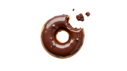 Delicious chocolate donut with bite taken out, showcasing its rich texture and flavor. Perfect for dessert lovers and sweet treats