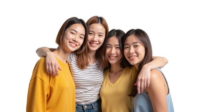 Friendly group of four women smiling together, wearing colorful tops, showcasing joy and connection
