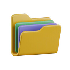 A 3d render of a yellow folder with green and purple files inside, isolated on transparent background