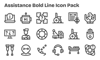 Assistance - 18 Bold Line Vector Illustrations
