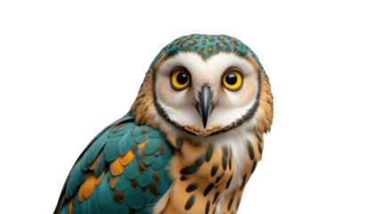Vibrant owl with striking turquoise and orange feathers, showcasing large, expressive yellow eyes. This captivating bird exudes sense of wisdom