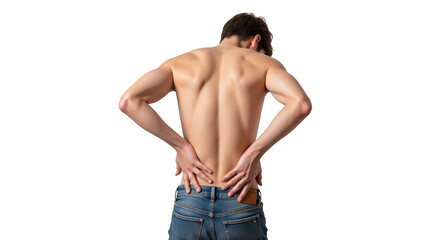 Young man with toned back stands with his hands on his lower back, showcasing fit physique. image conveys sense of discomfort or tension