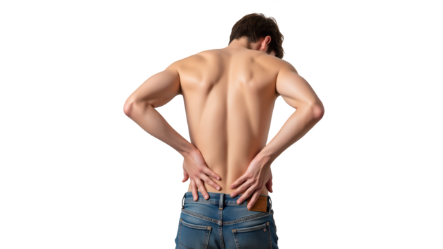 Young man with toned back stands with his hands on his lower back, showcasing fit physique. image conveys sense of discomfort or tension