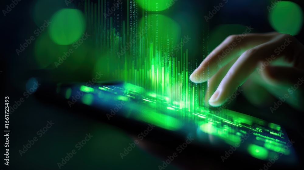 Aufkleber a close-up of a hand interacting with a glowing smartphone screen displaying digital data in a dark 