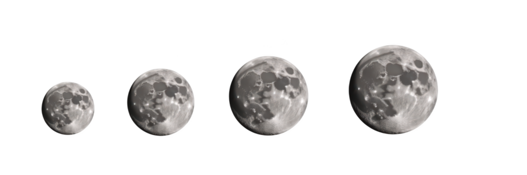 Image showcases sequence of four moons, each progressively larger, highlighting their detailed textures and craters. visual evokes sense of wonder