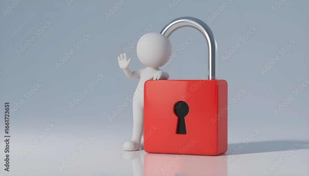 Poster a stick figure waving next to an open red padlock with a silver shackle on a light background