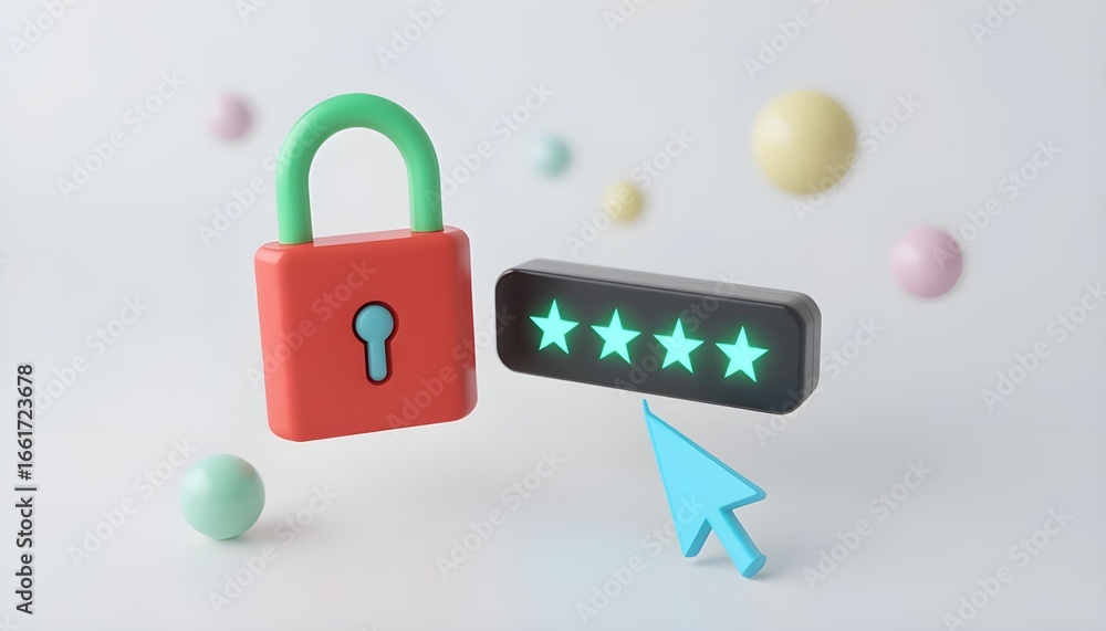 Poster a vibrant illustration of a padlock with a star password and a cursor on a white background