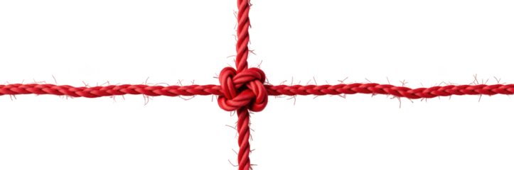 Vibrant red rope with detailed knot at center, showcasing intricate braiding and frayed ends, perfect for various design applications