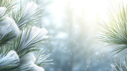 Frost covers the pine branches, glistening in the gentle morning sun, while a peaceful winter atmosphere envelops the surrounding landscape