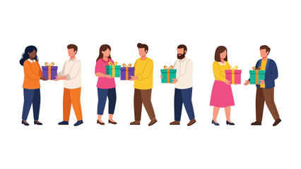 Obraz premium Exchanging Gifts and Celebrating Together: A group of individuals, diverse in appearance, exchange thoughtfully wrapped gifts. The scene exudes warmth and celebration of togetherness. 