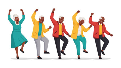 Energetic Elderly Dancing: Vibrant depiction of five happy senior individuals in colorful attire joyfully dancing. Capturing a sense of vitality, fun and life celebration