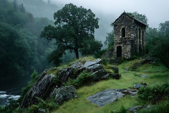 Stone tower ruins standing in misty green environment
