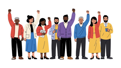Fototapeta premium Unity in Empowerment: A diverse group of individuals raises their fists in a vibrant display of solidarity and strength, symbolizing unity and the power of collective action in achieving common goals.