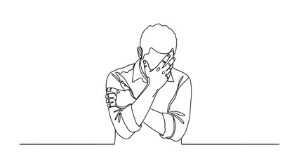 Overwhelmed Man: A line art portrayal of a man, head in hands, a visual exploration of stress and concern, on a neutral background.