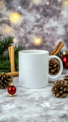 A plain white mug rests next to pine cones, decorations, and lights, creating a warm holiday atmosphere on burlap fabric