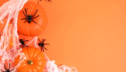 Halloween Still Life: Pumpkins, Spiders, and Webs on Orange