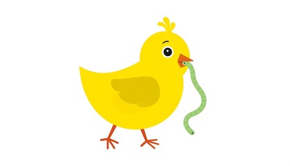 Yellow chick eating worm illustration