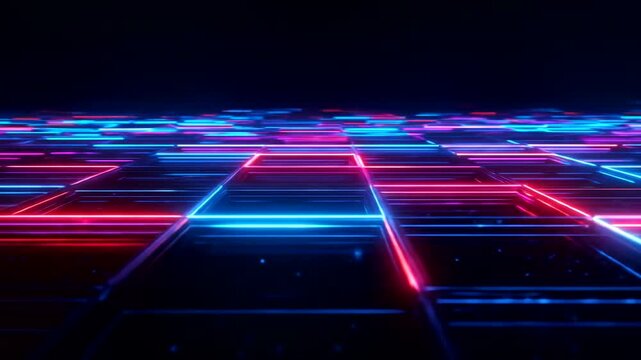 A vibrant array of glowing, square-shaped modules form a futuristic, digital landscape.
