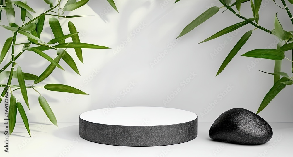 Poster a gray stone table with a round top sits in an empty room, highlighted by studio and natural light s