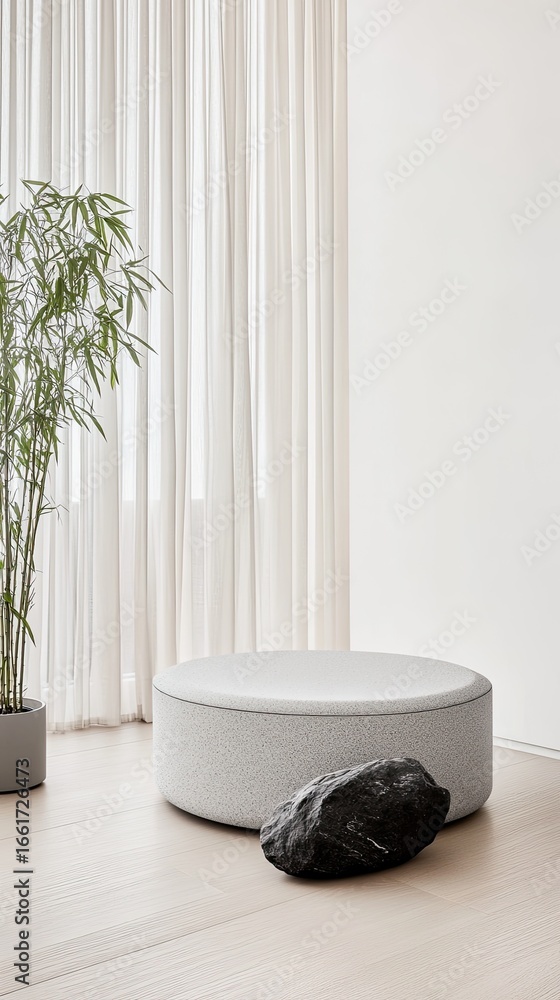 Poster a gray stone table with a round top sits in an empty room, highlighted by studio and natural light s