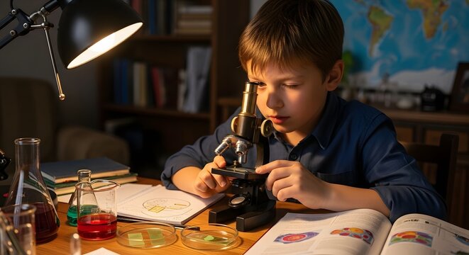 Close-up portrait of young student working with microscope in his room. Child and science experiments. Kid studying samples under the microscope. Preparing for science lesson - Powered by Adobe