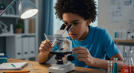 Close-up portrait of young student working with microscope in his room. Child and science experiments. Kid studying samples under the microscope. Preparing for science lesson