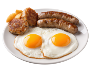 Fried egg sausage breakfast plate potato wedge meat patty protein rich hearty delicious morning meal comfort food classic breakfast plate with two sunny side up eggs sausages meat patties