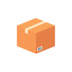 Obraz premium Isometric orange cardboard delivery box with shipping tape and equals sign icon for logistics
