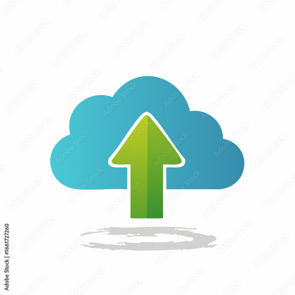 Poster green arrow pointing upwards inside a blue cloud symbol representing data upload or cloud storage