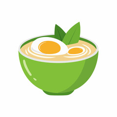 Delicious Asian Noodle Soup with Boiled Egg and Herbs in Green Bowl Illustration