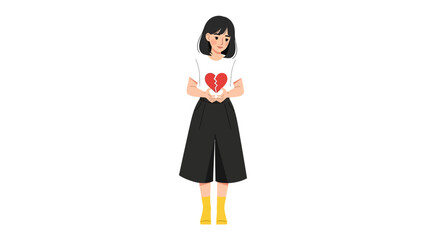 Girl With Broken Heart: A solitary young woman stands, tenderly holding her hands, her shirt bearing a fragmented heart, conveying a sense of sorrow, melancholy and resilience.