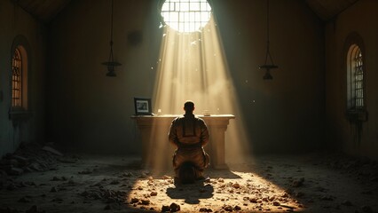 A man sitting in front of a table in a dark room.