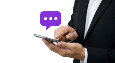 Businessman Using Smartphone with Chat Icon Cut Out PNG.
