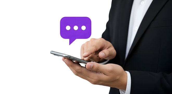 Businessman Using Smartphone with Chat Icon Cut Out PNG.
