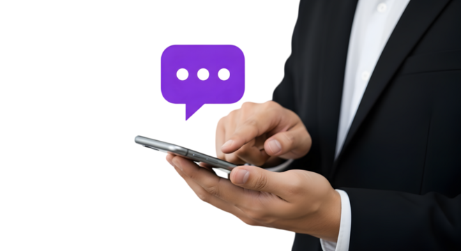Businessman Using Smartphone with Chat Icon Cut Out PNG.