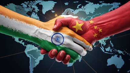 Symbolic handshake between india and china flags representing diplomatic relations and global partnership against world map background