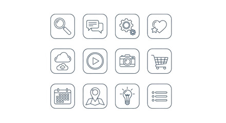 A collection of twelve outlined icons representing various functions such as search, settings, media, location, and shopping, all set against a plain white background.
