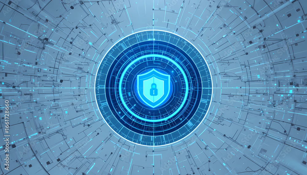 Aufkleber a glowing blue shield with a padlock inside surrounded by concentric circles and circuit patterns
