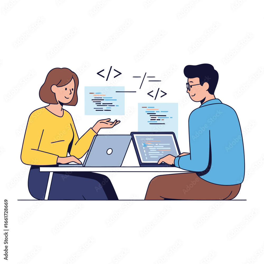 Poster collaborative coding: two tech-savvy individuals, immersed in the digital realm, engage in a collabo