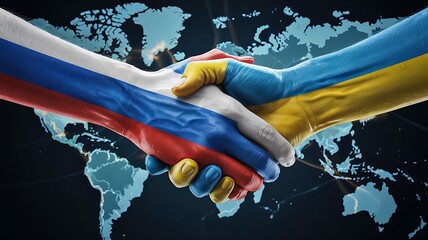 Symbolic handshake of russian and ukrainian flags painted on arms against a world map background representing peace and diplomacy
