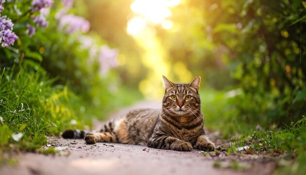 Tabby cat in garden pathway - Powered by Adobe