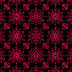 Seamless black background pattern with repeating magenta embroidered star and geometric motifs