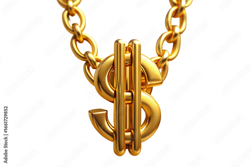 Poster gold dollar symbol on golden chain 3d rendering isolated on transparent background