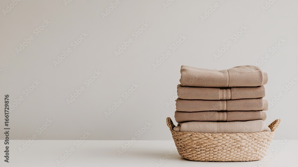 Poster clean, folded white towels are neatly arranged in a woven basket on an empty white table, illuminate
