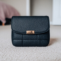 A stylish black leather purse with a textured finish, featuring a gold clasp, set against a soft carpet background.