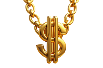 Gold dollar symbol on golden chain 3d rendering isolated on transparent background