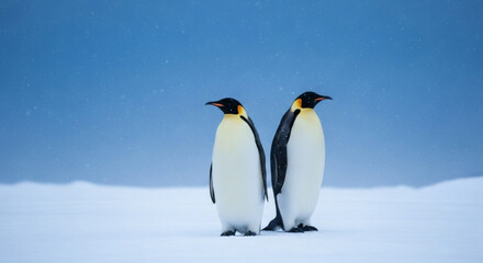Fototapeta premium Two emperor penguins standing together in a snowy landscape, their distinct features and serene demeanor captivating viewers. The cold tones create a tranquil atmosphere. 