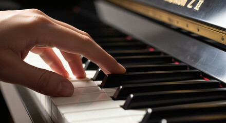 Obraz premium A person's hand gracefully playing the piano, showcasing musical talent