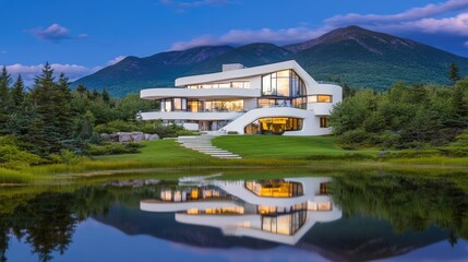 A sleek modernist home with glass and white stucco walls reflects off the calm lake water, nestled among forested hills during the evening twilight